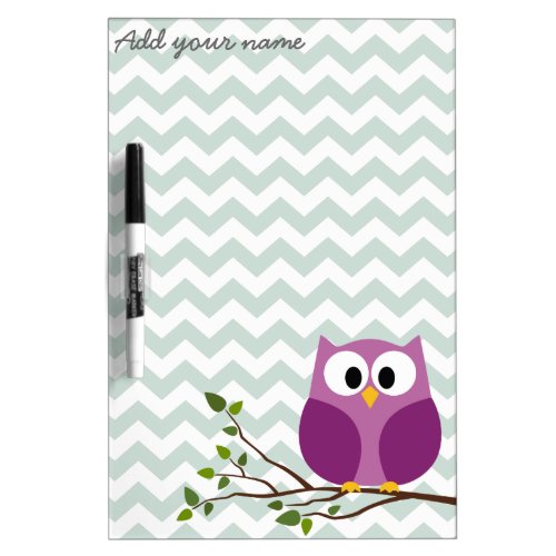Cute Owl on Branch with Chevron Pattern and Name Dry_Erase Board