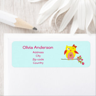 Cute Owl on Branch with Pink Flowers Personalized Label
