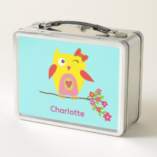 Cute Owl on Branch with Pink Flowers Personalized Metal Lunch Box