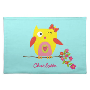 Cute Owl on Branch with Pink Flowers Personalized Placemat