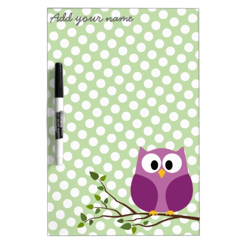 Cute Owl on Branch with Polka Dot Pattern and Name Dry_Erase Board