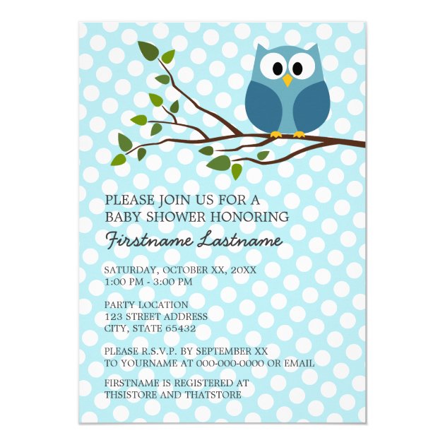 Cute Owl On Branch With Polka Dots Baby Boy Shower Invitation
