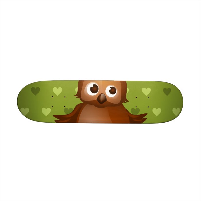 Cute Owl on Green Heart Pattern Background Skate Decks