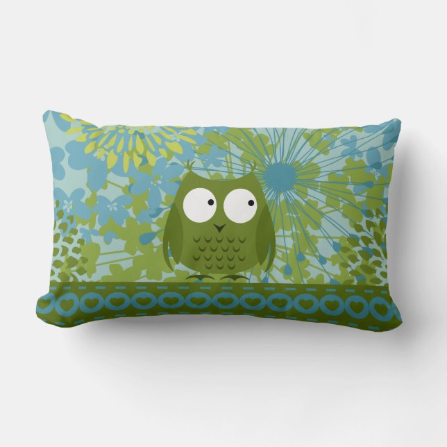 Cute Owl on Heart Ribbon with Floral Pattern Lumbar Pillow (Front)