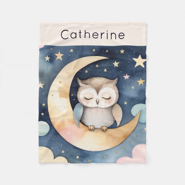Cute Owl on Moon with Night Sky Personalized Fleece Blanket (Front)