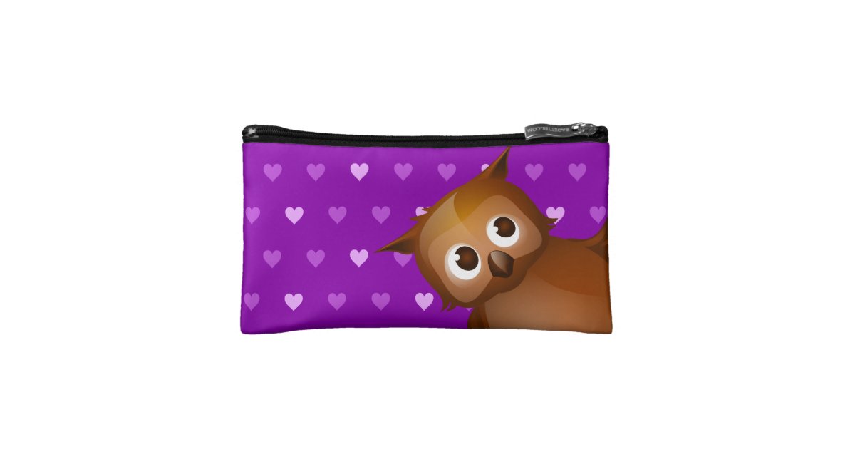 Cute Owl on Purple Heart Pattern Background Cosmetic Bag | Zazzle