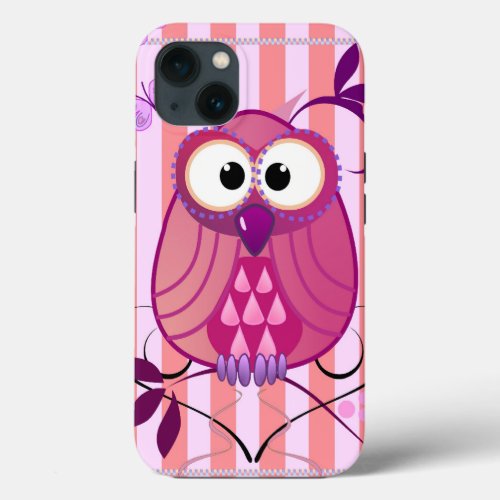 Cute Owl on Striped Background iPhone 13 Case