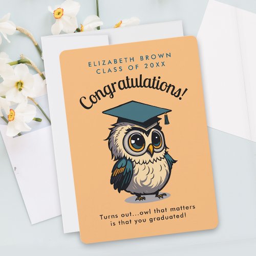 Cute Owl Orange Graduation Kids Party Cartoon Card