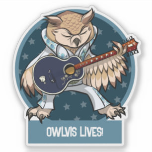 Cute Owl Owlvis Lives! Singer With Guitar Cartoon Sticker