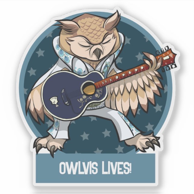 Cute Owl Owlvis Lives! Singer With Guitar Cartoon Sticker (Front)
