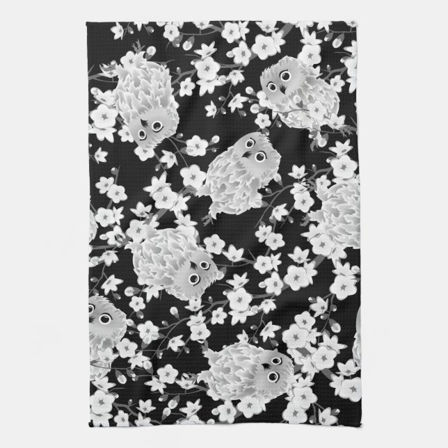 Cute Owl Pattern Black And White Towel (Vertical)