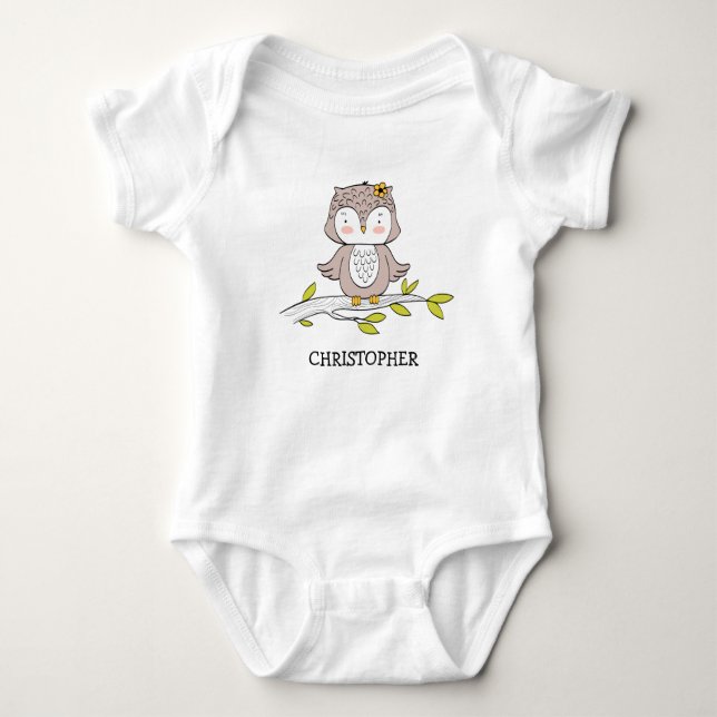 Cute owl personalized boy birthday gift baby bodysuit (Front)