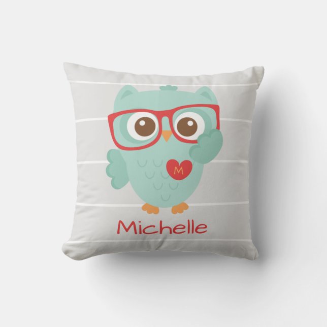 Cute Owl, Personalized w Name & Initial Throw Pillow (Front)