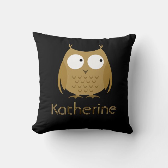 Cute Owl Pillow, Black & Gold; Add Name Throw Pillow (Front)