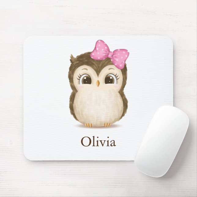 Cute Owl Pink Bow Girly Watercolor Name Mouse Pad (With Mouse)