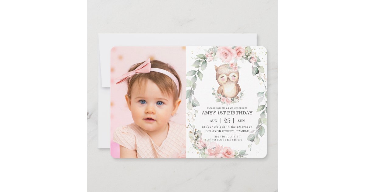 Cute Owl Pink Floral Greenery Birthday Photo Invitation | Zazzle