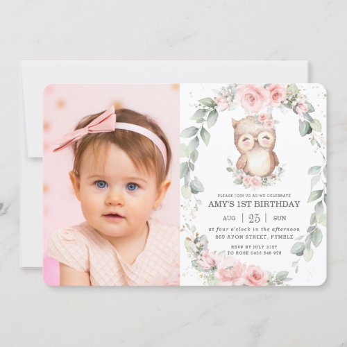 Cute Owl Pink Floral Greenery Birthday Photo Invitation