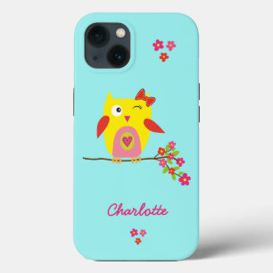 Cute Owl Pink Flowers Kids Personalized Name iPhone 13 Case
