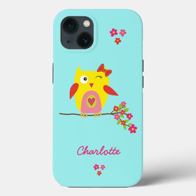 Cute Owl Pink Flowers Kids Personalized Name Case-Mate iPhone Case (Back)