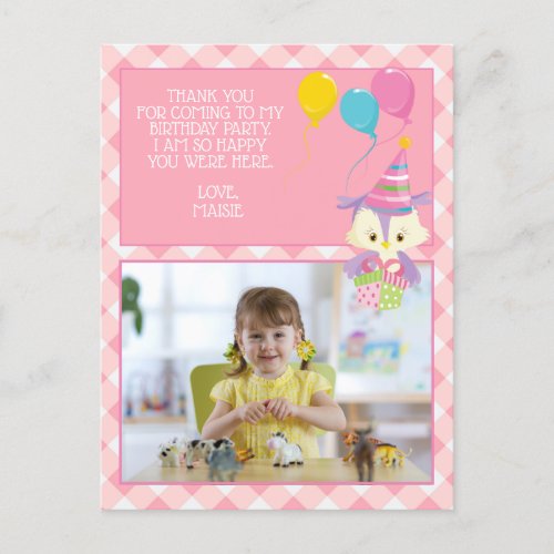 Cute Owl Pink Gingham Childs Birthday Thank You Postcard