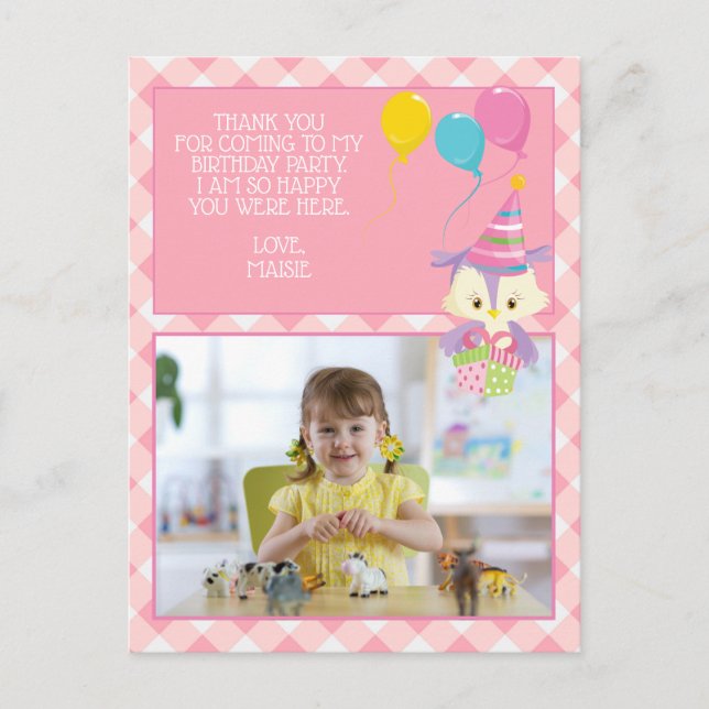 Cute Owl Pink Gingham Child's Birthday Thank You Postcard (Front)
