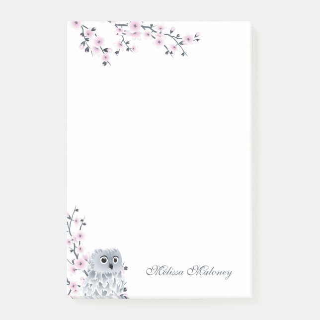 Cute Owl Pink Gray  Monogram Post-it Notes (Front)