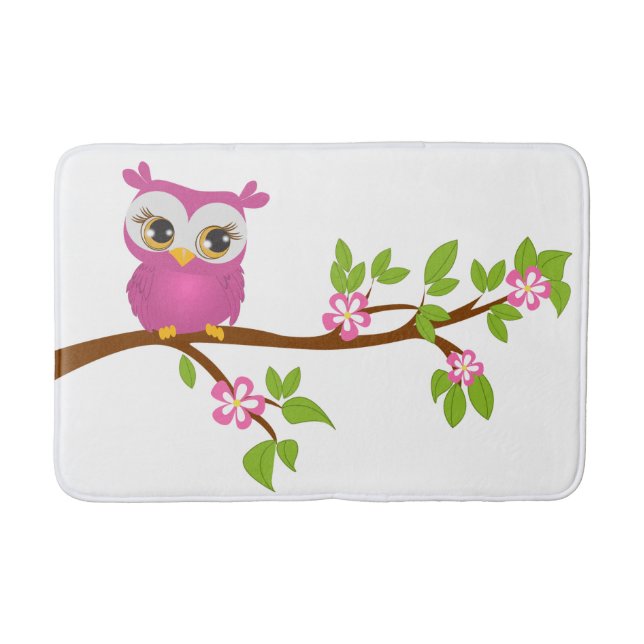 Cute Owl Pink on a Branch Bath Mat (Front)