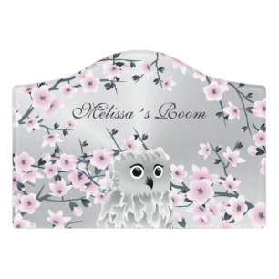 Cute Owl Pink Silver Door Sign