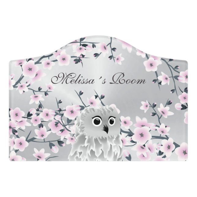 Cute Owl Pink Silver Door Sign (Small Crest Front)