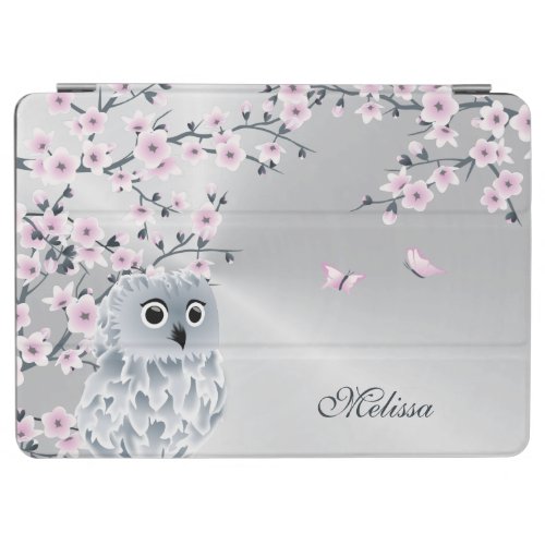 Cute Owl Pink Silver Monogram  iPad Air Cover