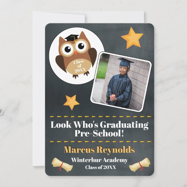 Cute Owl Pre-School Graduation Photo Announcement  (Front)