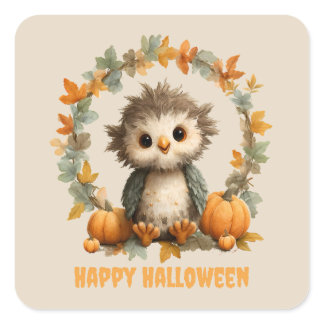 Cute Owl Pumpkin Happy Halloween Design Square Sticker