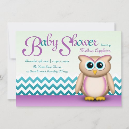 Cute Owl - Purple &amp; Turquoise Chevron Baby Shower Custom Invitations