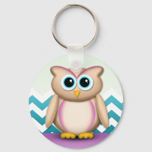 Cute Owl - Purple & Turquoise Chevron Keychain