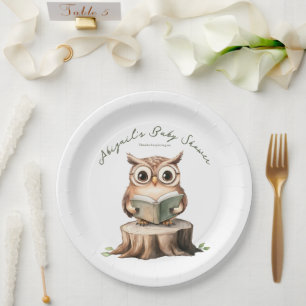 Cute Owl Reading a Book Baby Shower Paper Plates