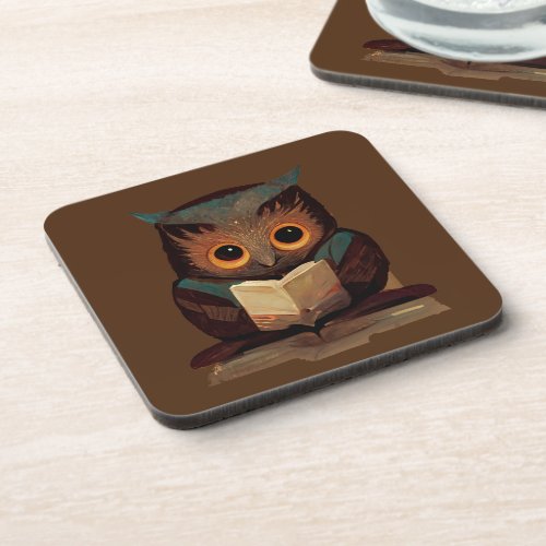 Cute Owl Reading a Book Beverage Coaster