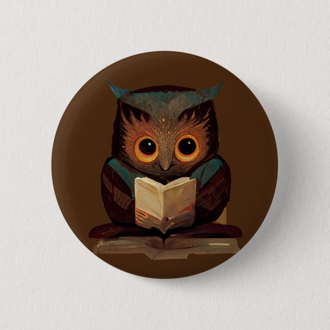 Cute Owl Reading a Book Button (Front)