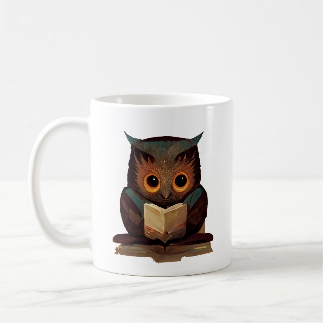 Cute Owl Reading a Book Coffee Mug (Left)