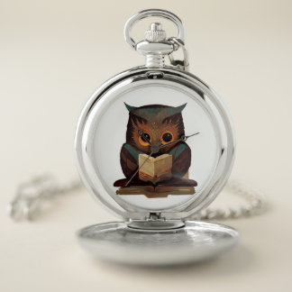 Cute Owl Reading a Book Pocket Watch