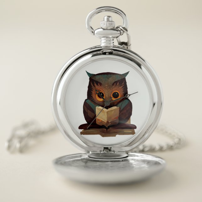 Cute Owl Reading a Book Pocket Watch (Inside)
