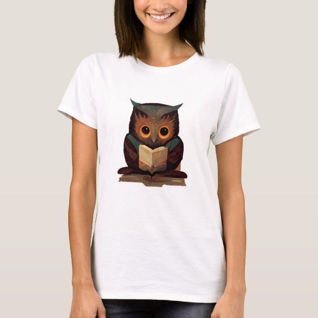 Cute Owl Reading a Book T-Shirt (Front)