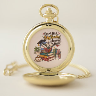 Cute Owl Reading Books Illustration Pocket Watch