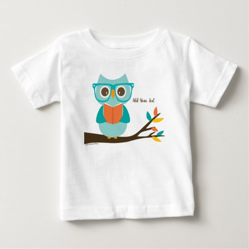 Cute Owl Reading Personalized Colorful Turquoise  Baby T_Shirt