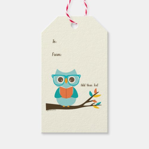 Cute Owl Reading Personalized Colorful Turquoise Gift Tags