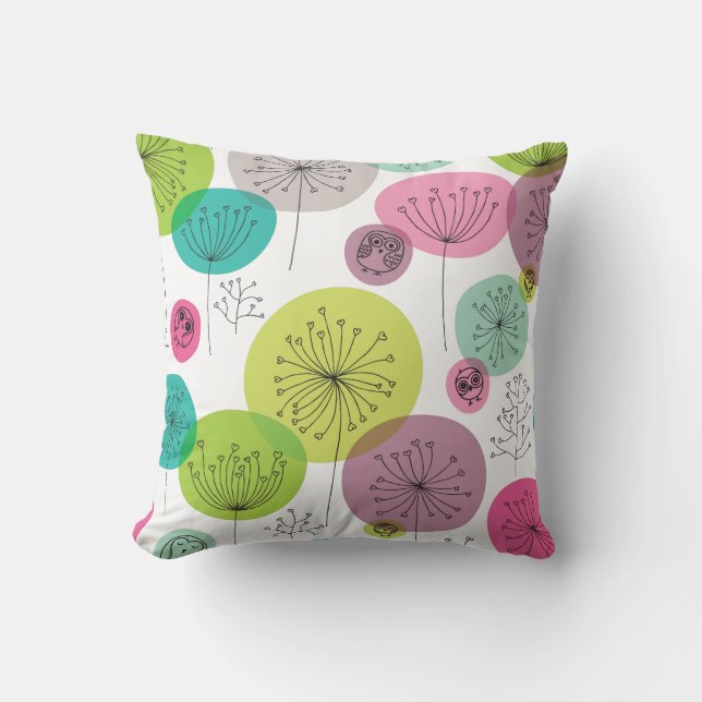 Cute owl retro pattern flower design throw pillow (Front)