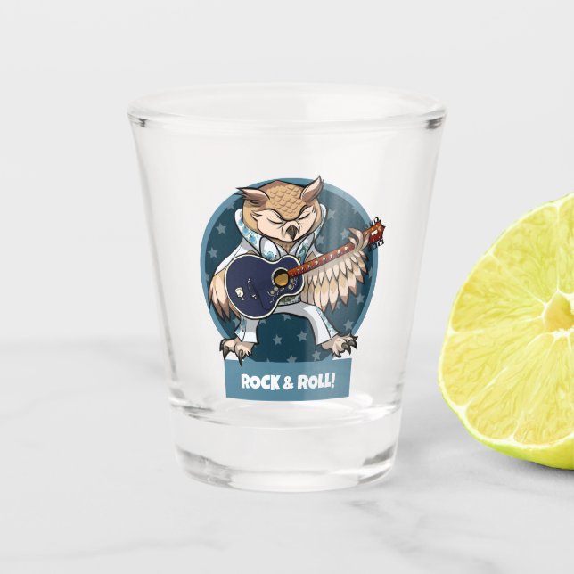 Cute Owl Rock & Roll Cartoon Singer With Guitar Shot Glass (Front)
