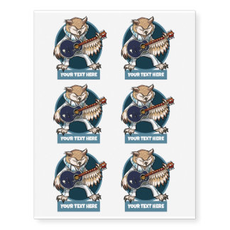 Cute Owl Rock & Roll Cartoon Singer With Guitar Temporary Tattoos
