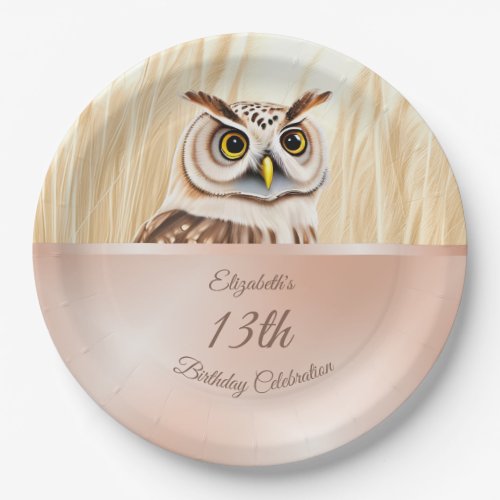 Cute Owl Rose Gold  Custom Birthday Paper Plates