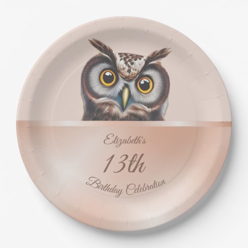 Cute Owl Rose Gold  Custom Birthday Paper Plates