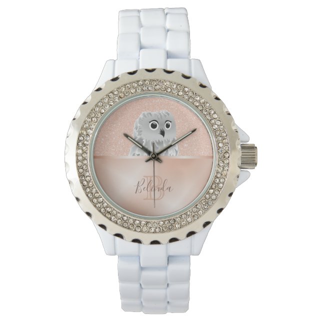 Cute Owl Rose Gold Glitter Monogram Watch (Front)